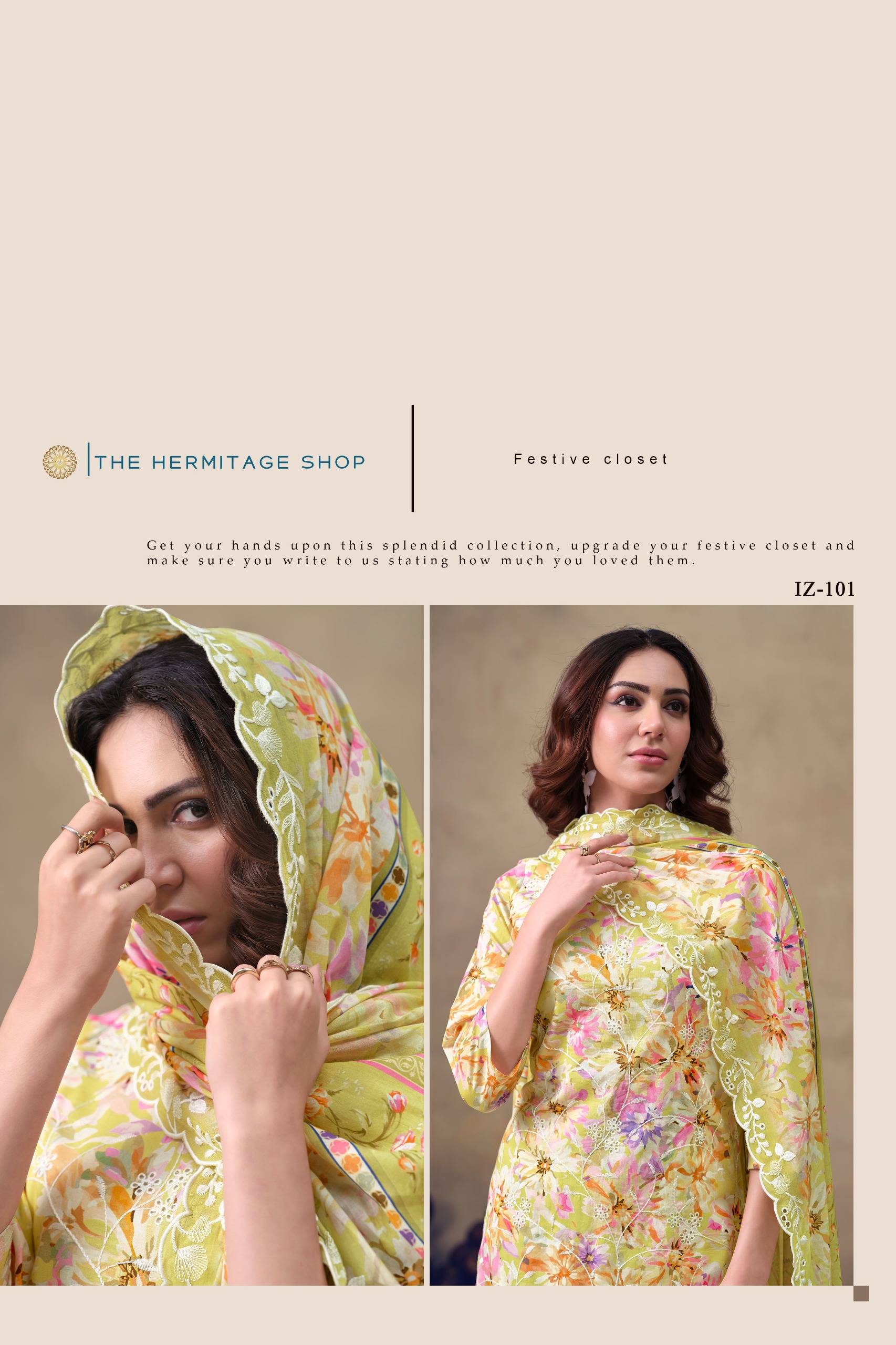 IZNIK by THE HERMITAGE SHOP  101 TO 104 SERIES Pakistani Stylish Embroidered cotton lawn COLLECTION At Wholesale Price